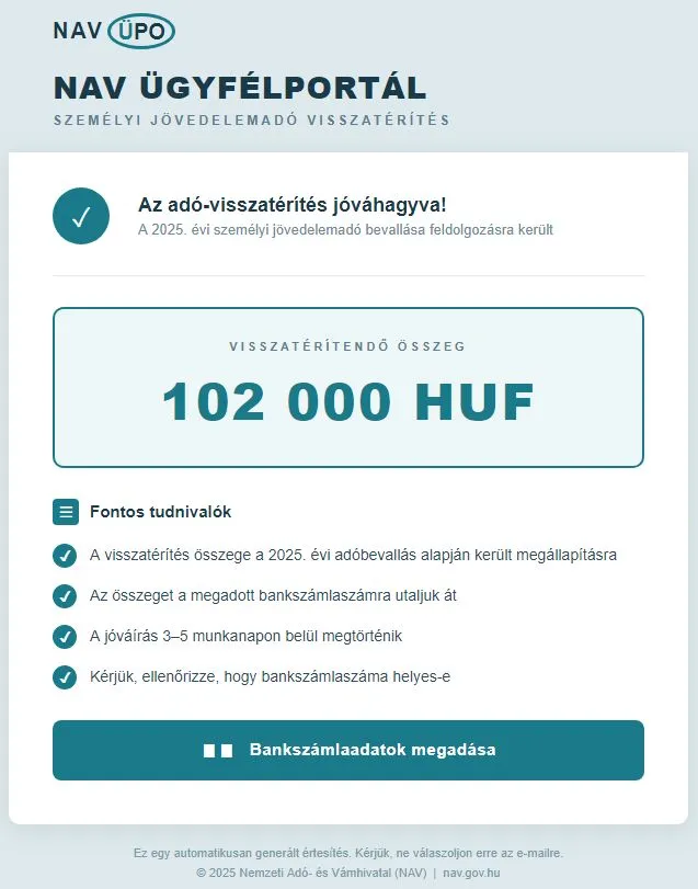 A levél törzse NAV Ügyfélportál fejléc alatt 102 000 HUF visszatérítendő összeget ígér, és egy zöld Bankszámlaadatok megadása gombra való kattintásra kér.