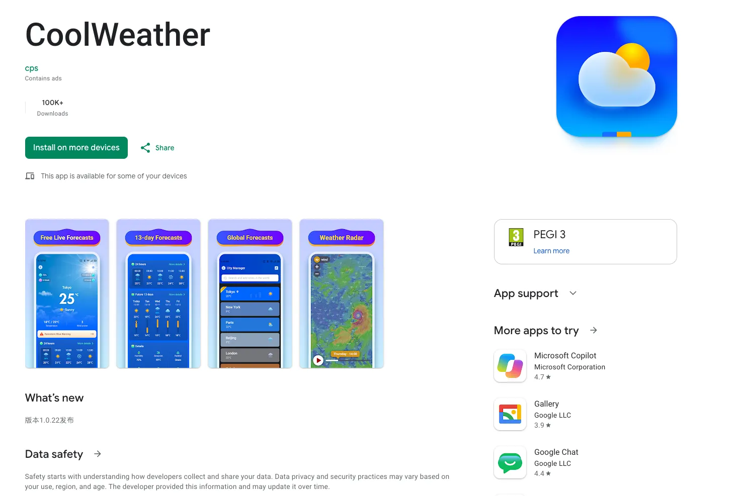 Egy érintett, Google Play-en elérhető időjárás-alkalmazás áruházi oldala, „Contains ads” jelzéssel